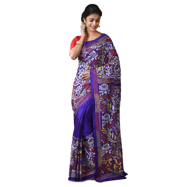 Hand Embroidery Pure  Bangalore Silk Kantha Stitch  Saree with Blouse Piece & Silk Mark (Purple & Muticolor)