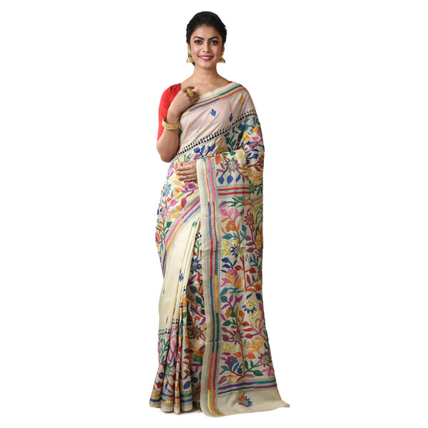 Hand Embroidery Pure Tussar Silk Kantha Stitch  Saree with Blouse Piece & Silk Mark (OffWhite & Muticolor) (Copy)