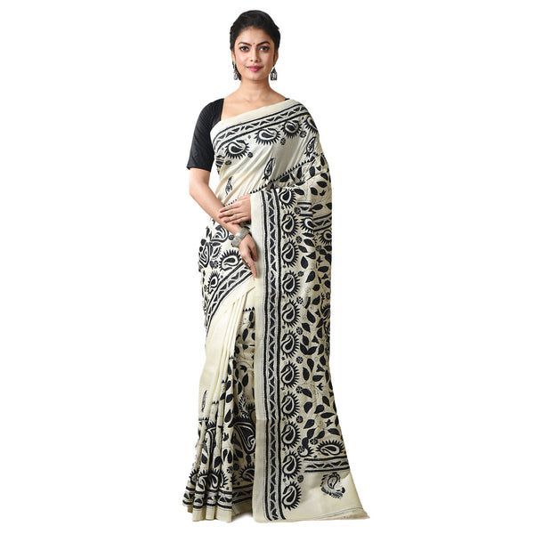 Hand Embroidery Pure Tussar Silk Kantha Stitch  Saree with Blouse Piece & Silk Mark (White & Muticolor)