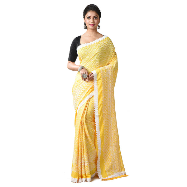 Embroidered Sequine & Chikankari Work Lace Border Hakoba Cotton Sareewith BlousePiece  (Yellow, White)