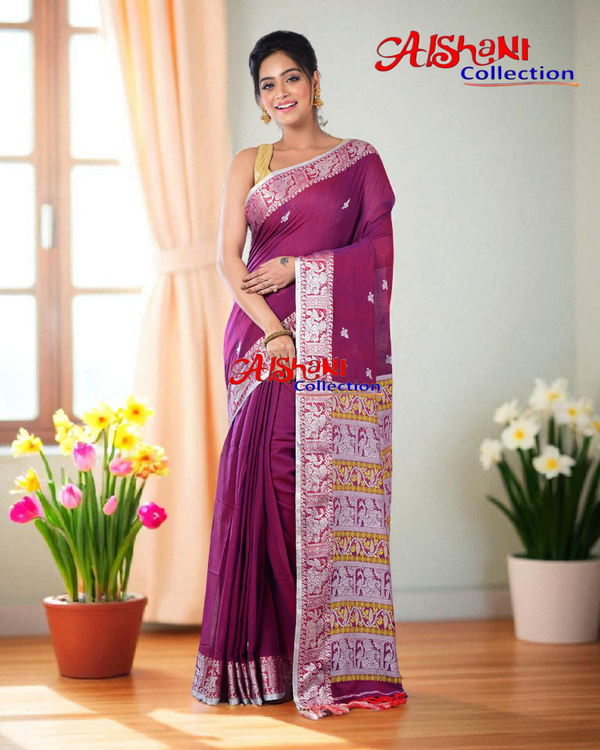 Woven Pure Cotton Baluchari Handloom Saree with Blouse Piece (majenta)