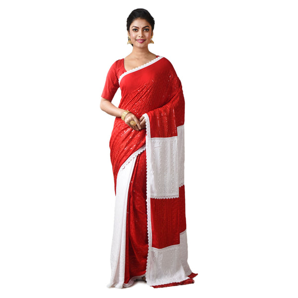 Embroidered Sequine & Chikankari Work Lace Border Hakoba Cotton Saree with Blouse Piece (Red & White)