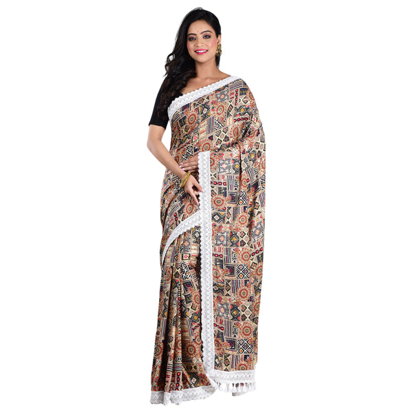 Aishani Collection Sequine Work Lace Border Abstract Print Fancy Silk Saree with Blouse Piece (Beige,Multicolor)
