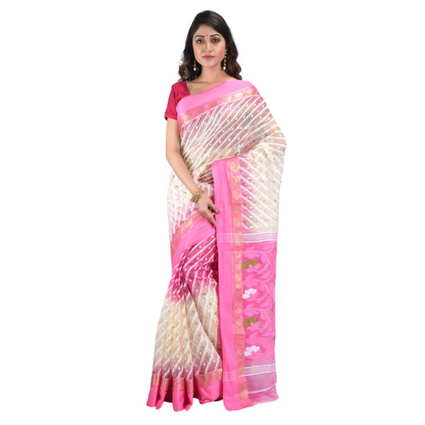 Woven Cotton Silk Dhakai Jamdani Handloom Saree without Blouse Piece (Pink & White)