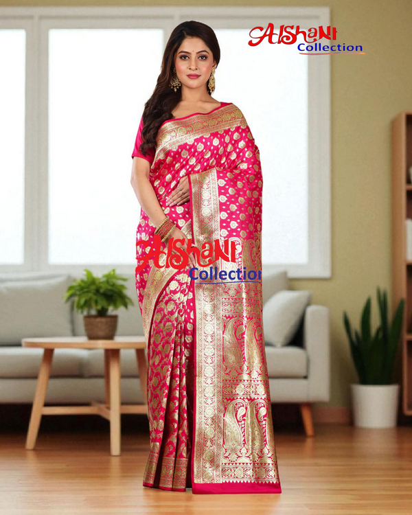 Woven Banarasi Silk Wedding Saree with Blouse Piece (PINK)