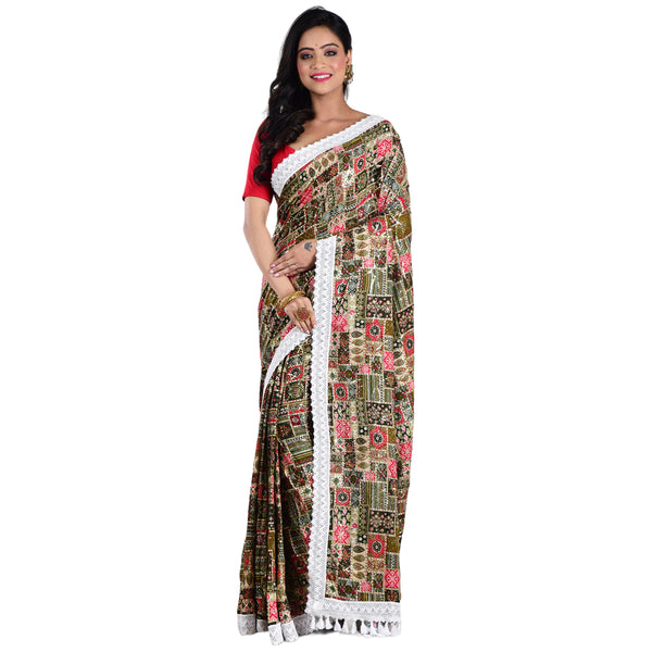 Sequine Work Lace Border Abstract Print Designer Silk Saree with Blouse Piece (Green, Multicolor)