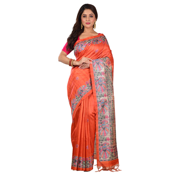 Aishani Collection Madhubani Print Tussar Gicha Silk Saree with Blouse Piece (Orange,Multicolor)