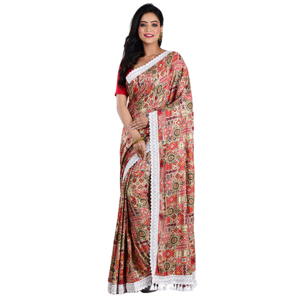Aishani Collection Sequine Work Lace Border Abstract Print Designer Silk Saree with Blouse Piece (Red, Multicolor)