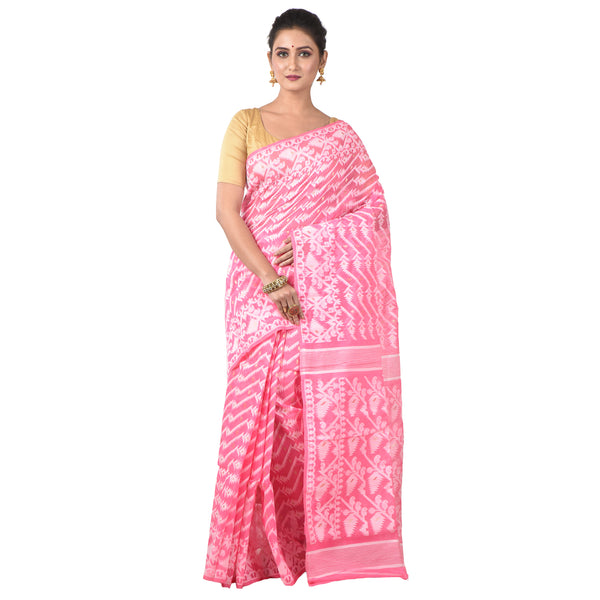 Woven Cotton Silk Dhakai Jamdani Handloom Saree without Blouse Piece (Pink & White)