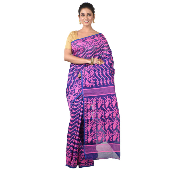 Woven Cotton Silk Dhakai Jamdani Saree without Blouse Piece  (Blue & Pink)