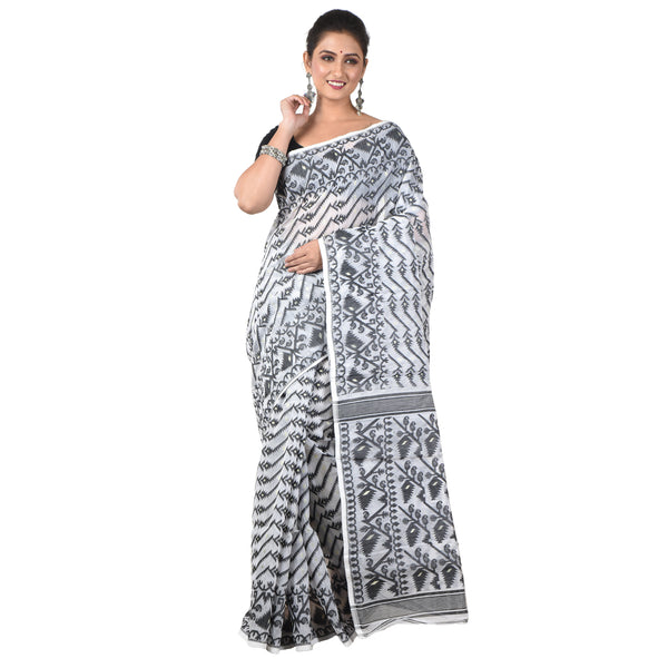 Woven Cotton Silk Dhakai Jamdani Handloom Saree without Blouse Piece (Black & White)