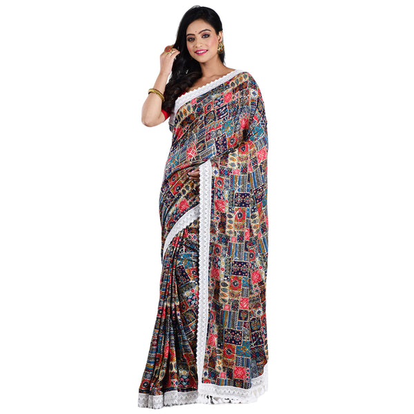 Aishani Collection Sequine Work Lace Border Abstract Print Fancy Silk Saree with Blouse Piece (Blue, Mulicolor)