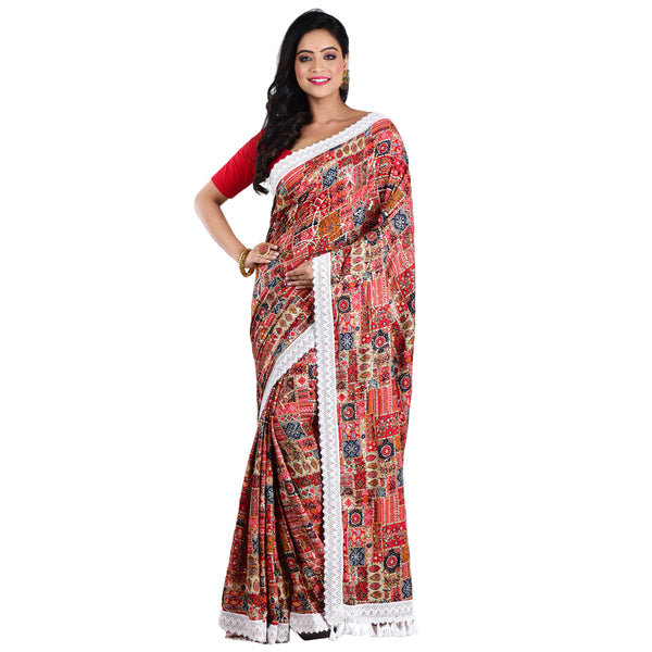Aishani Collection Sequine Work Lace Border Abstract Print Designer Silk Saree with Blouse Piece (DarkRed