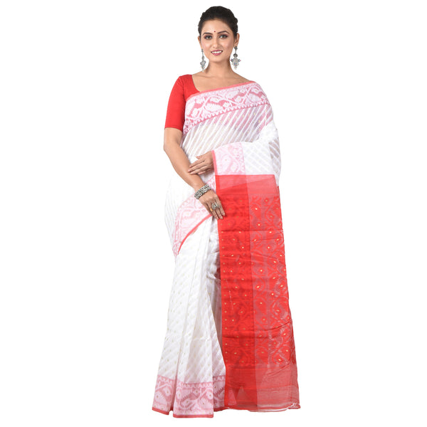 Woven Cotton Silk Dhakai Jamdani Handloom Saree without Blouse Piece (Red & White)