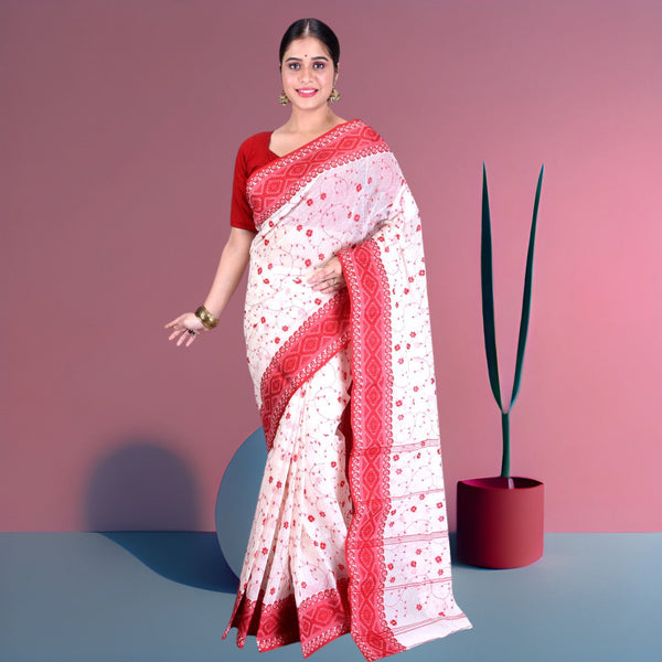 Pure Cotton Tant Tangaile Handloom Saree without Blouse Piece (Red & White)