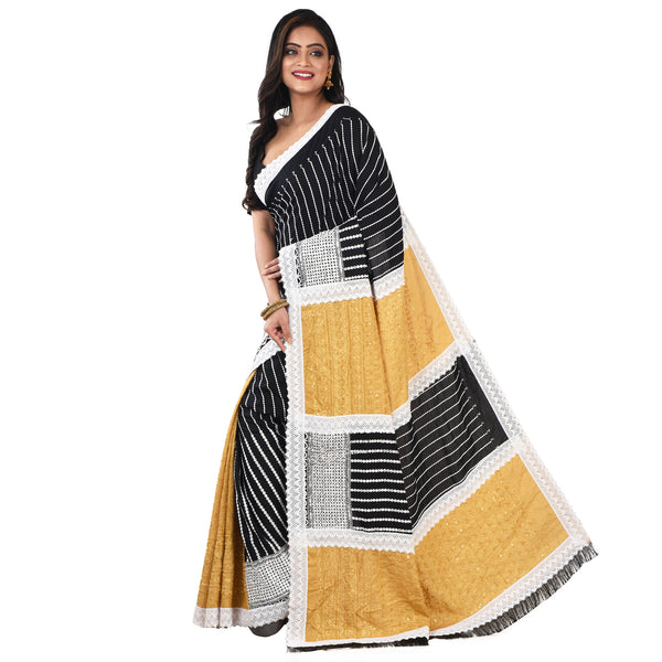 Sequine & Chikankari Work Lace Border Hakoba Cotton Saree with Blouse Piece (Black & Beige)