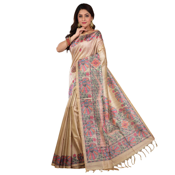 Aishani Collection Madhubani Print Tussar Gicha Silk Saree with Blouse Piece (Beige,Multicolor)