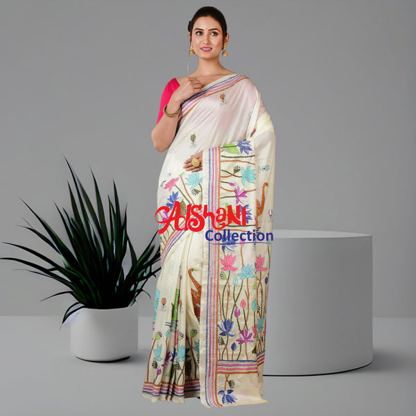 Hand Emboidered Blended Bangalore Silk Kantha Stitch Saree with Blouse Piece (white)
