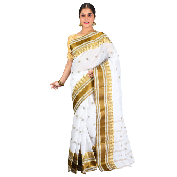 Aishani Collection Woven Pure Cotton Velvet Border Tant Saree without Blouse Piece (White, Brown)