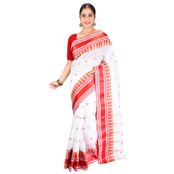 Aishani Collection Woven Pure Cotton Velvet Border Tant Jamdani Saree without Blouse Piece (Red & White)