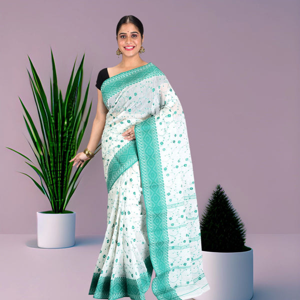 Pure Cotton Tant Tangaile Handloom Saree without Blouse Piece (White & Green)