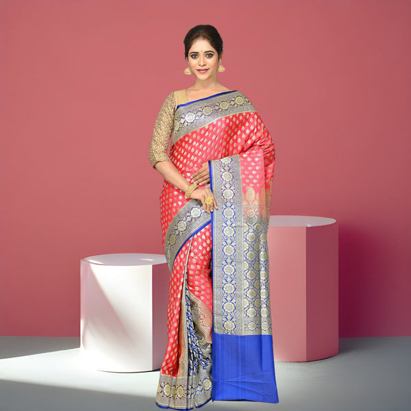 Woven Pure Katan Silk Patlipallu  Banarasi Wedding Saree with Blouse Piece (Peach,Blue)