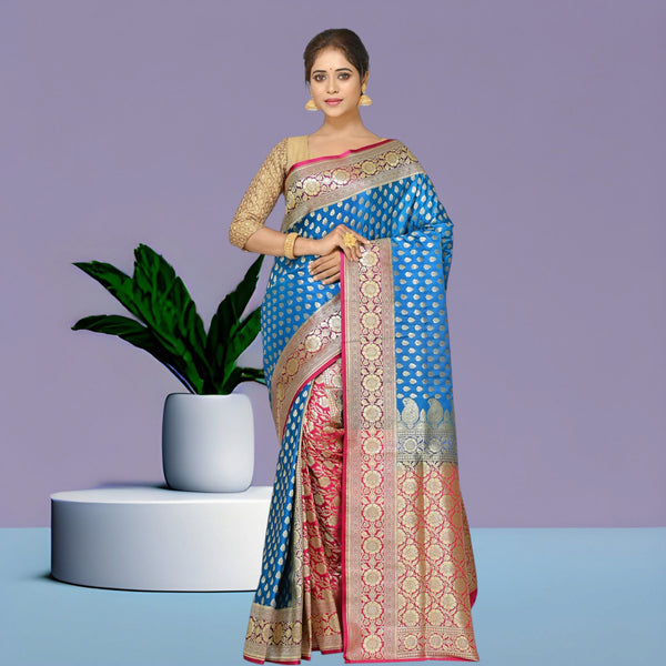 Woven Pure Katan Silk Patlipallu  Banarasi Wedding Saree with Blouse Piece (Pink,Blue)