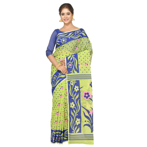 Aishani Collection Woven Cotton Silk Dhakai Jamdani Hanloom Saree no  Blouse Piece (Green, Multicolor)