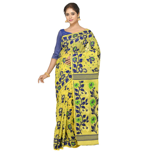 Aishani Collection Woven Cotton Silk Dhakai Jamdani Handloom Saree No Blouse Piece (Yellow,Multicolor)