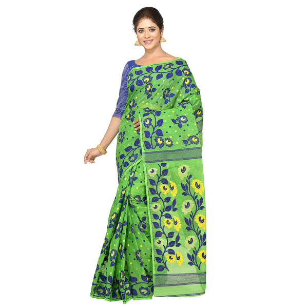 Aishani Collection Woven Cotton Silk Dhakai Jamdani Handloom Saree without Blouse piece (Gree,Blue)