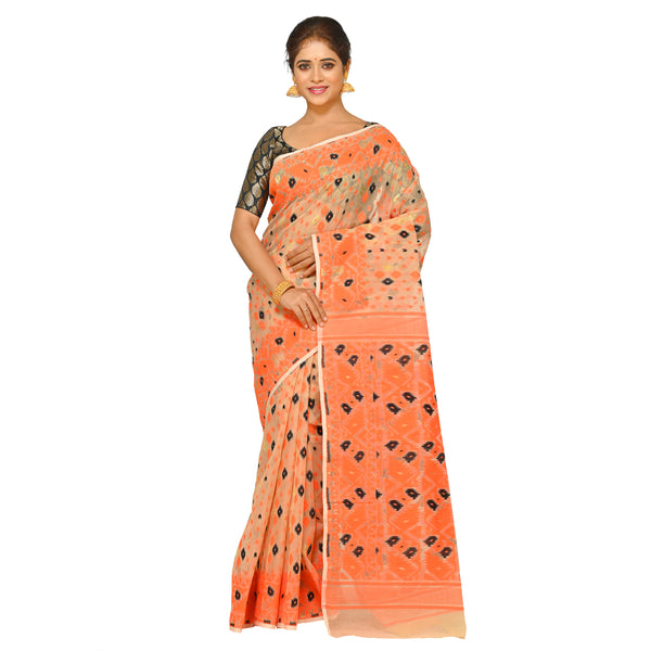 Aishani Collection Woven Cotton Silk Dhakai Jamdani Handloom Saree without Blouse Piece (Beige, Orange)