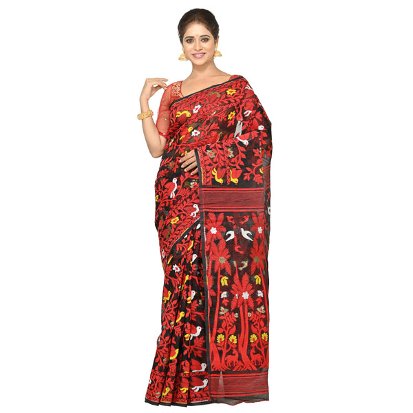 Aishani Collection Woven Cotton Silk Dhakai Jamdani Handloom Saree without Blouse Piece (Black,Multicolor)