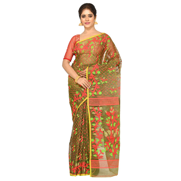 Aishani Collection Woven Cotton Silk Dhakai Jamdani Saree no Blouse Piece (Pesta Green,Multicolor)