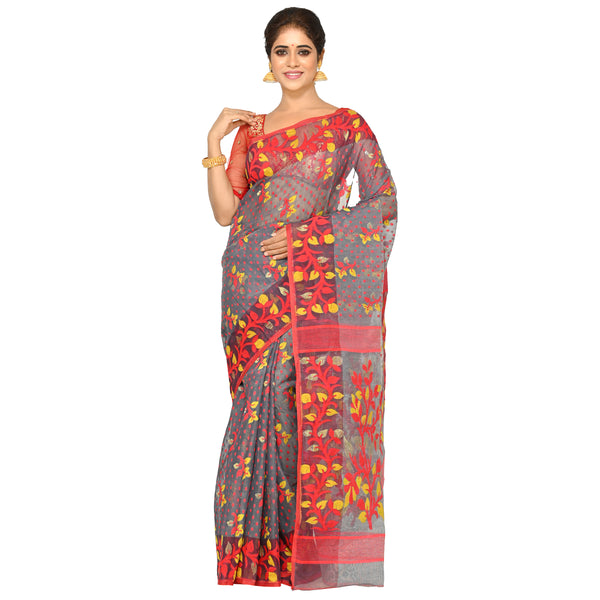 Aishani Collection Woven Cotton Silk Dhakai Jamdani Handloom Saree without Blouse Piece (Grey & Red)