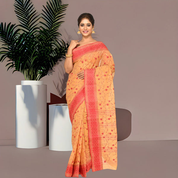 Pure Cotton Tant Tangaile Handloom Saree without Blouse Piece (Beige & Red)