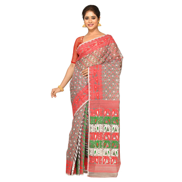 Aishani Collection Woven Cotton Silk Dhakai Jamdani Handloom Saree without Blouse Piece (Grey & Multicolor)