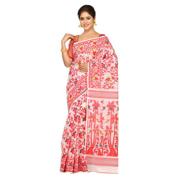Aishani Collection Woven Cotton SilkDhakai Jamdani Saree without Blouse Piece (White, Red)