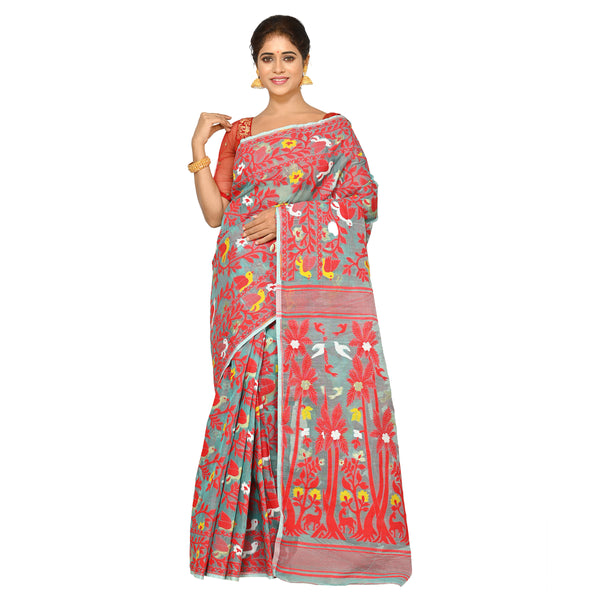 Aishani Collection Woven Cotton Silk Dhakai Jamdani Handloom Saree without Blouse Piece (Blue,Multicolor)