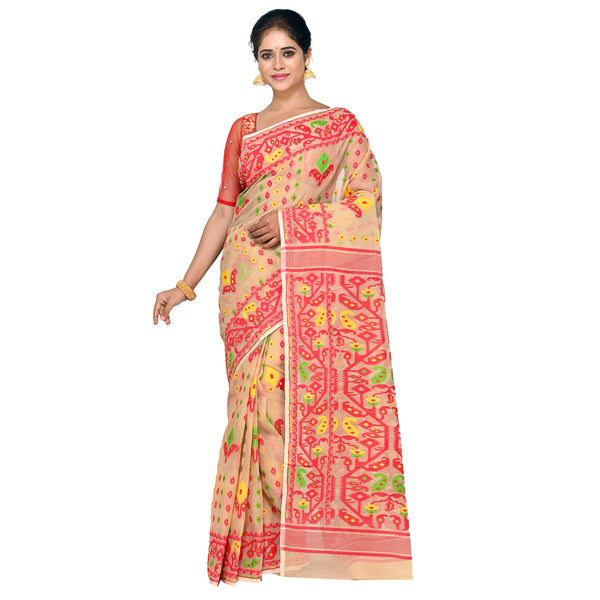 Aishani Collection Woven Cotton Silk Dhakai Jamdani Handloom Saree without Blouse Piece (Beige, Multicolor)