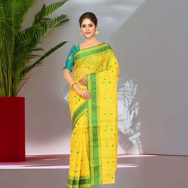 Pure Cotton Tant Tangaile Handloom Saree without Blouse Piece (Yellow & Green)