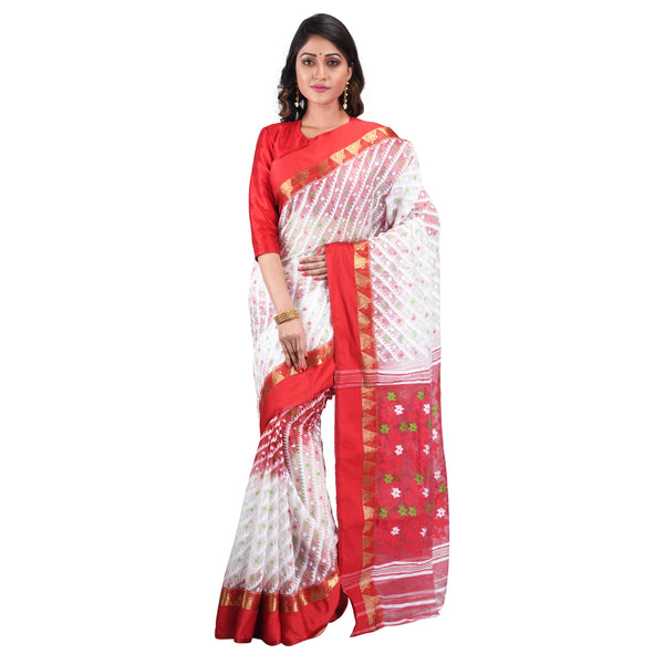 Woven Cotton Silk Dhakai Jamdani Handloom Saree without Blouse Piece (Red & White)