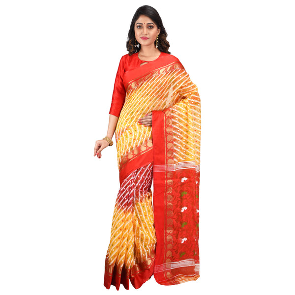 Aishani Collection Woven Dhakai Jamdani Handloom Saree without Blouse Piece (Yellow & Red)