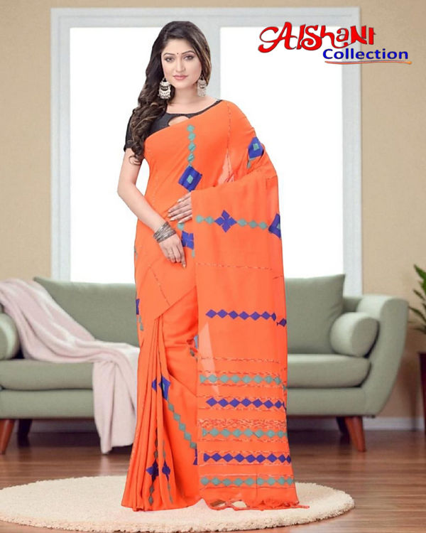 Embroidered Applique Work Khandi Cotton Khesh Handloom Sareewith Blouse Piece (Orange & Multicolor)