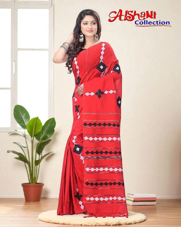Embroidered Applique Work Khandi Cotton Khesh Handloom Saree with Blouse Piece (Red & Multicolor)
