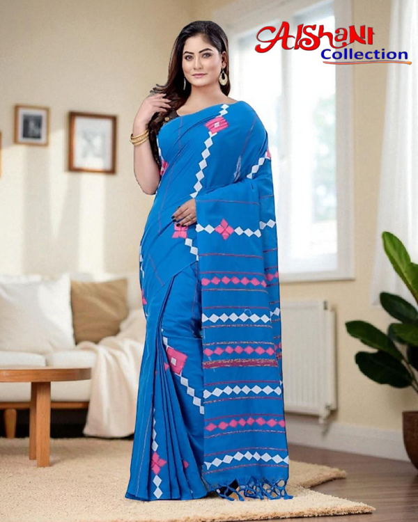 Embroidered Applique Work Khandi Cotton Khesh Handloom Saree with Blouse Piece (Blue & Multicolor)