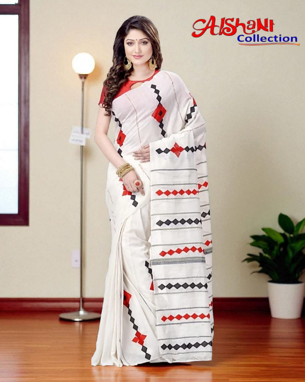Applique Work Khandi Cotton Khesh Handloom Saree with Blouse Piece (White & Multicolor)