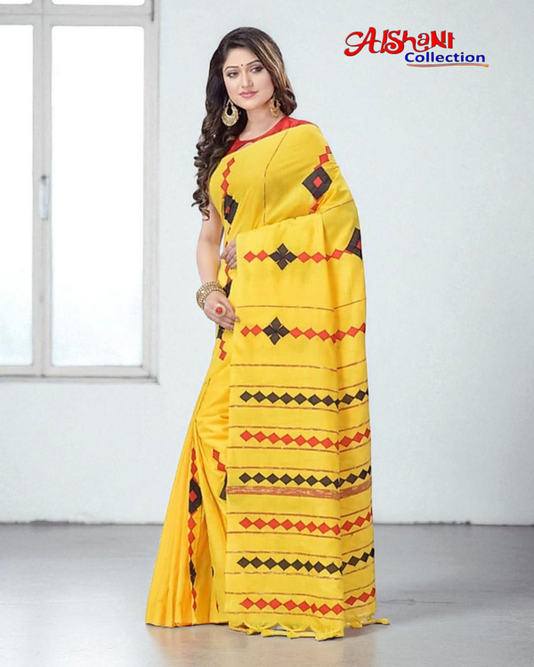 Applique Work Khandi Cotton Khesh Handloom Saree with Blouse Piece (Yellow & Multicolor)