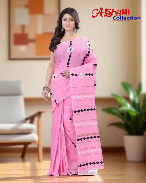 Applique Work Khandi Cotton Khesh Handloom Saree with Blouse Piece (Pink & Multicolor)