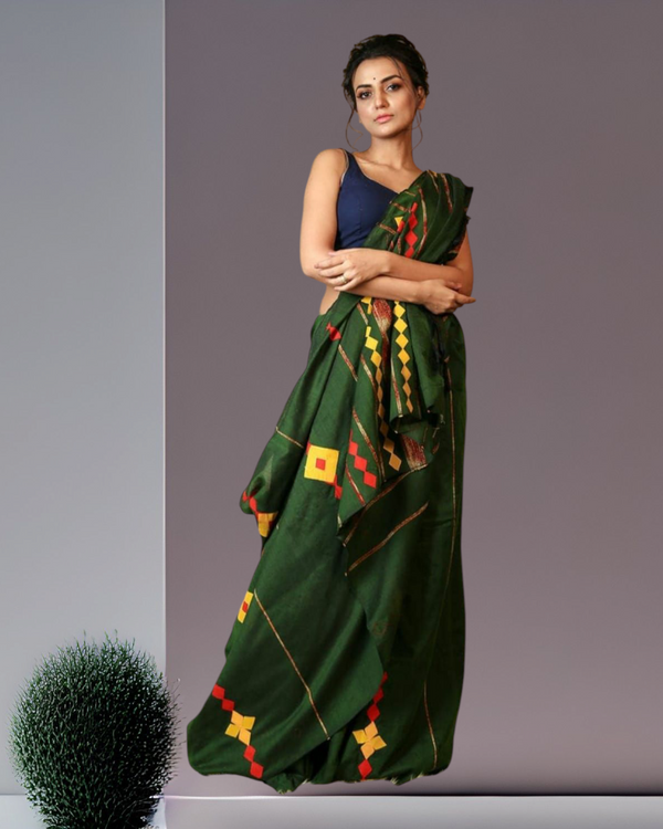 Applique Work Khandi Cotton Khesh Handloom Saree with Blouse Piece (Green & Multicolor)
