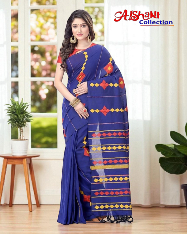 Applique Work Khandi Cotton Khesh Handloom Saree with Blouse Piece ( Purple & Multicolor)